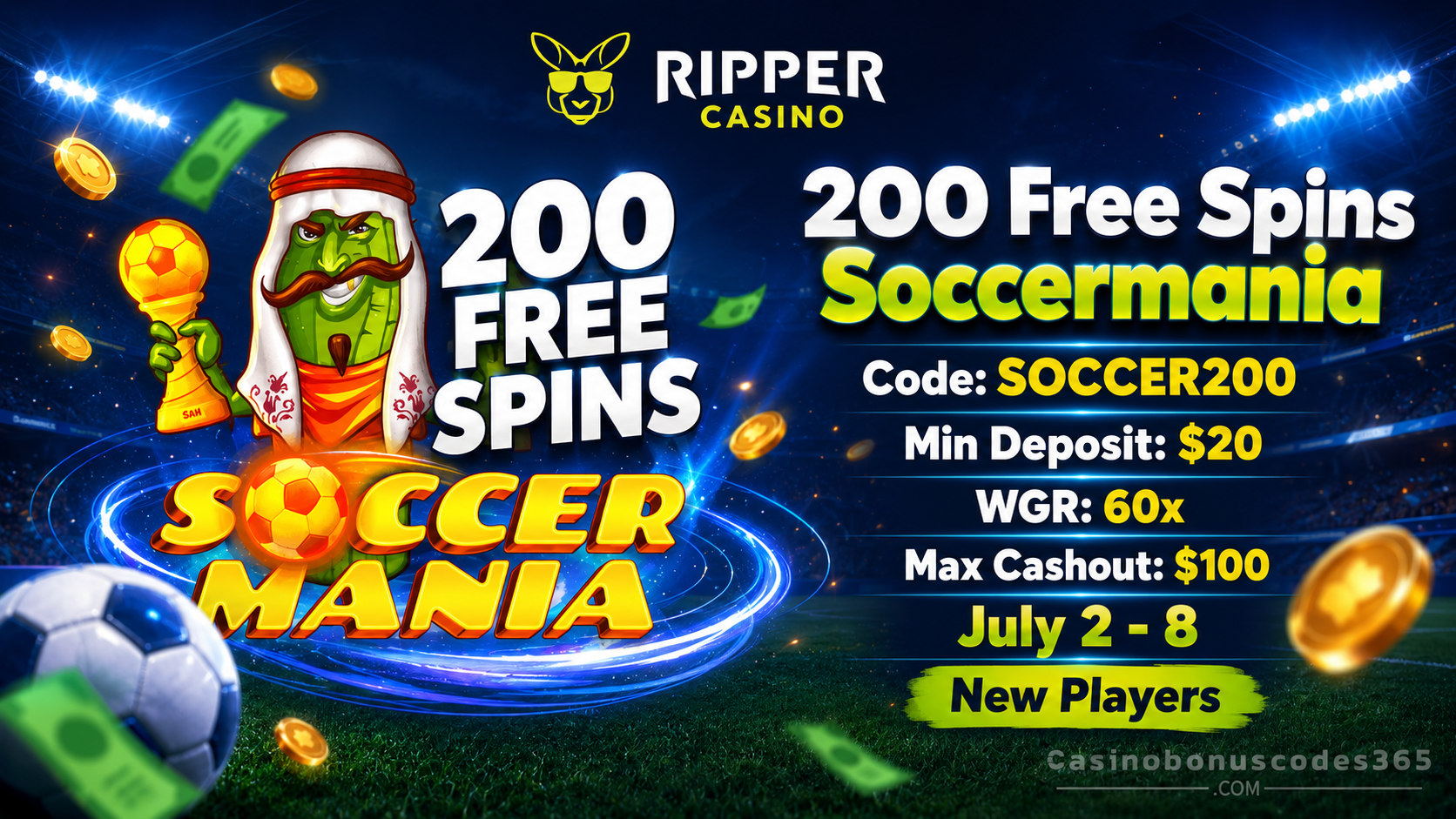 Ripper Casino Bonus Offer – 200 FREE Spins on Soccermania