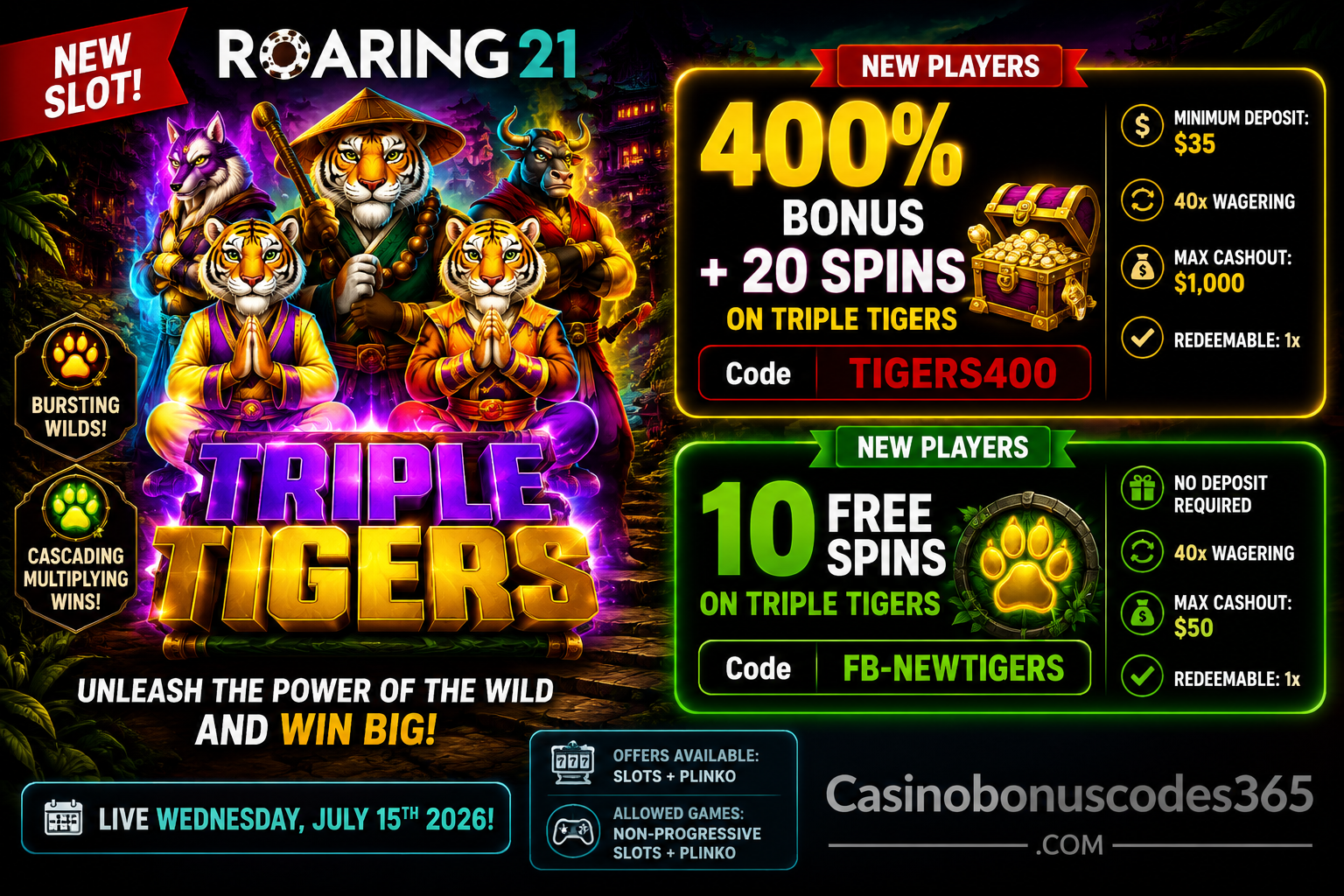 Roaring21 Triple Tigers 400% Bonus + 20 FREE Spins