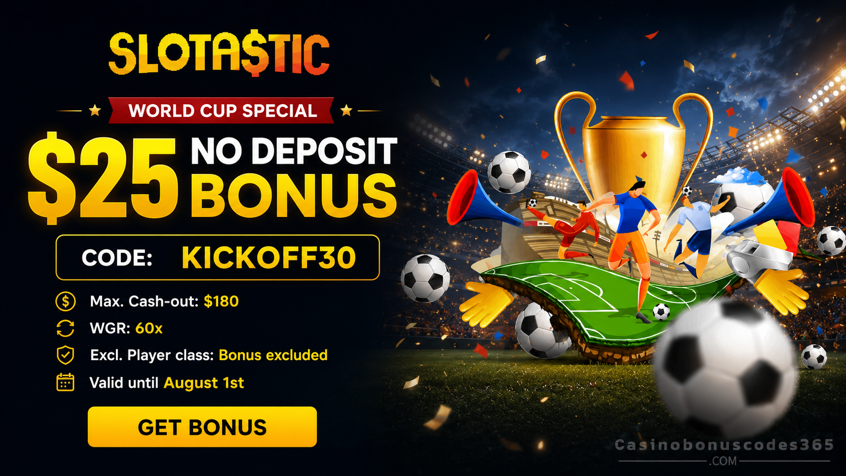 Slotastic Casino $25 No Deposit Bonus code KICKOFF30