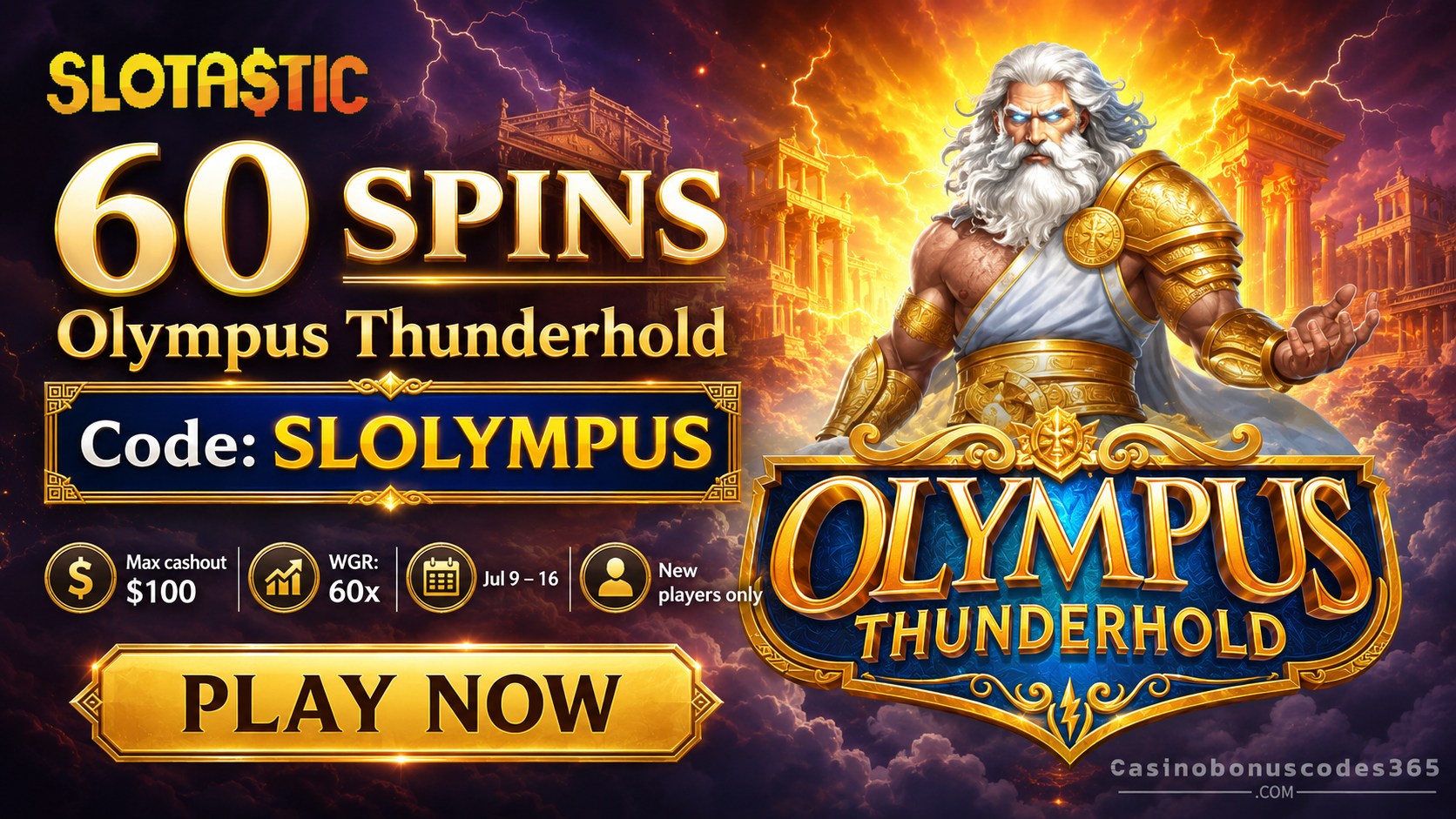 Slotastic Casino 60 FREE Spins on Olympus Thunderhold
