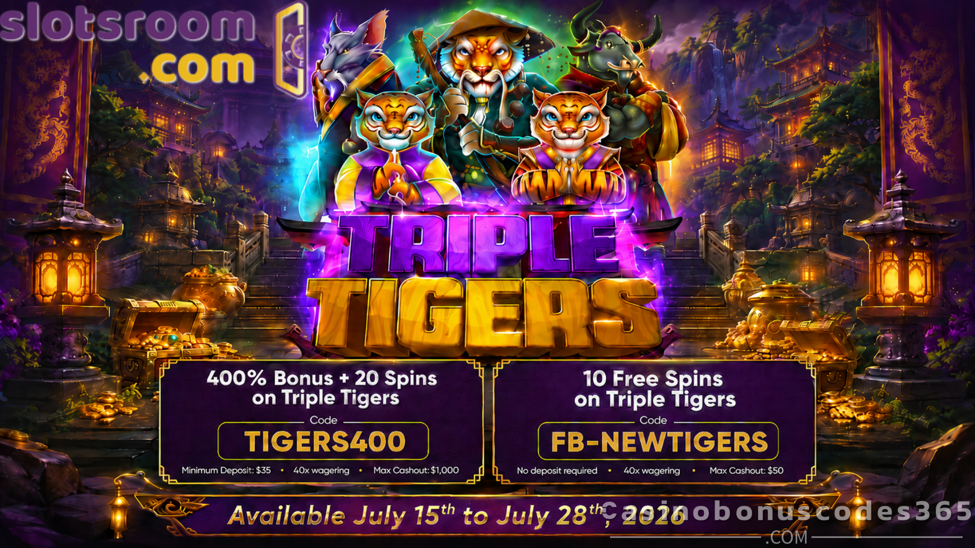 Slotsroom Triple Tigers 400% Bonus + 20 FREE Spins