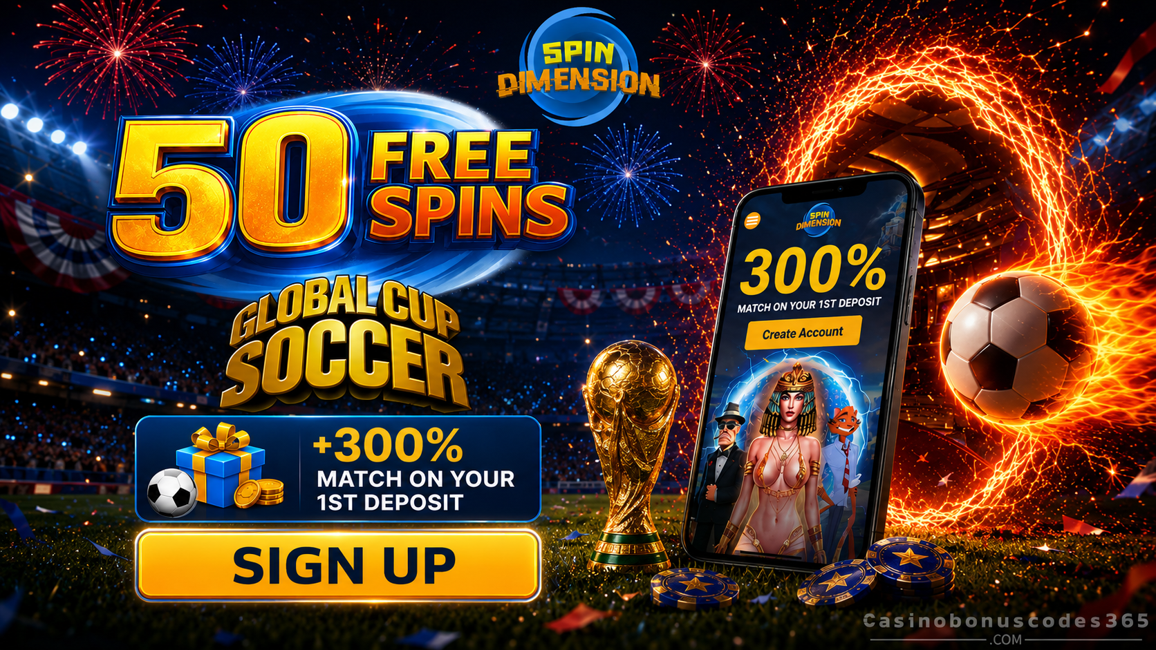 Spin Dimension Casino 50 FREE Spins on Global Cup Soccer