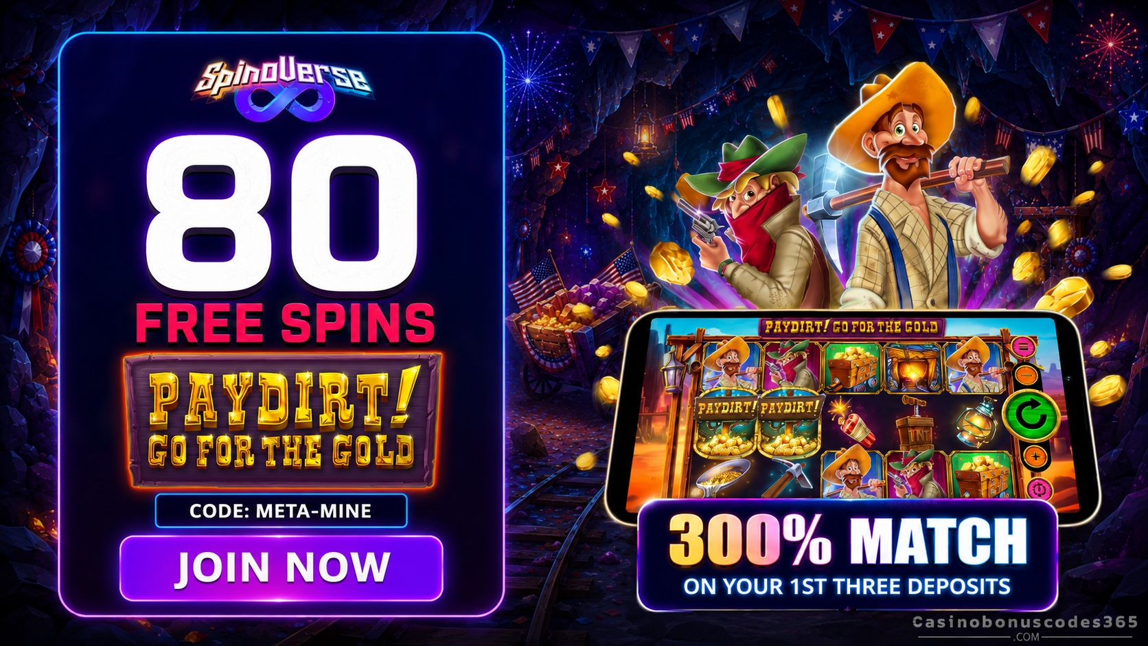 SpinoVerse Casino 80 FREE Spins on Paydirt! Go for the Gold