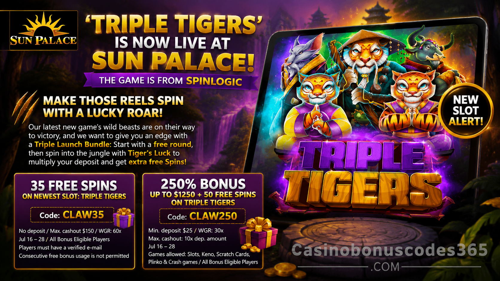 Sun Palace Bonus Offer – 35 no-deposit FREE Spins on Triple Tigers