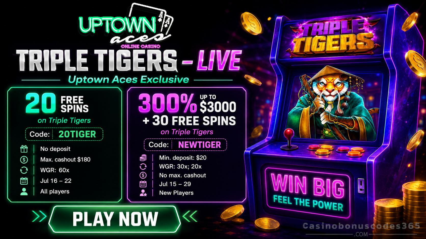 Uptown Aces Bonus Offer – 20 FREE Spins on Triple Tigers