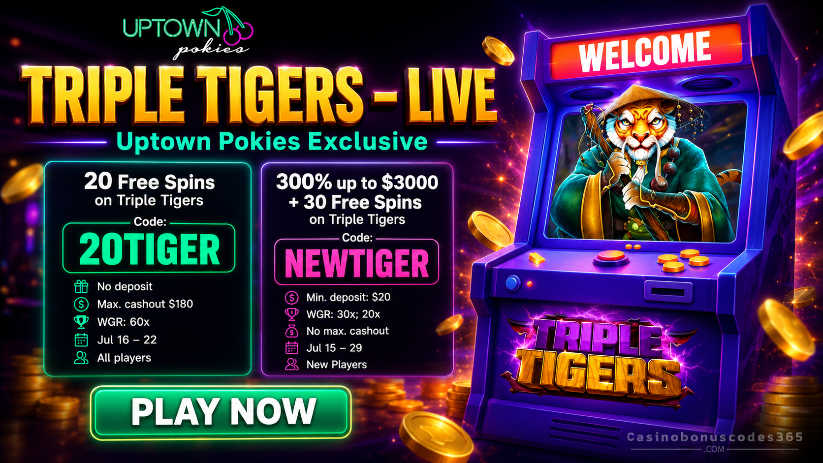 Uptown Pokies Bonus Offer – 20 FREE Spins on Triple Tigers