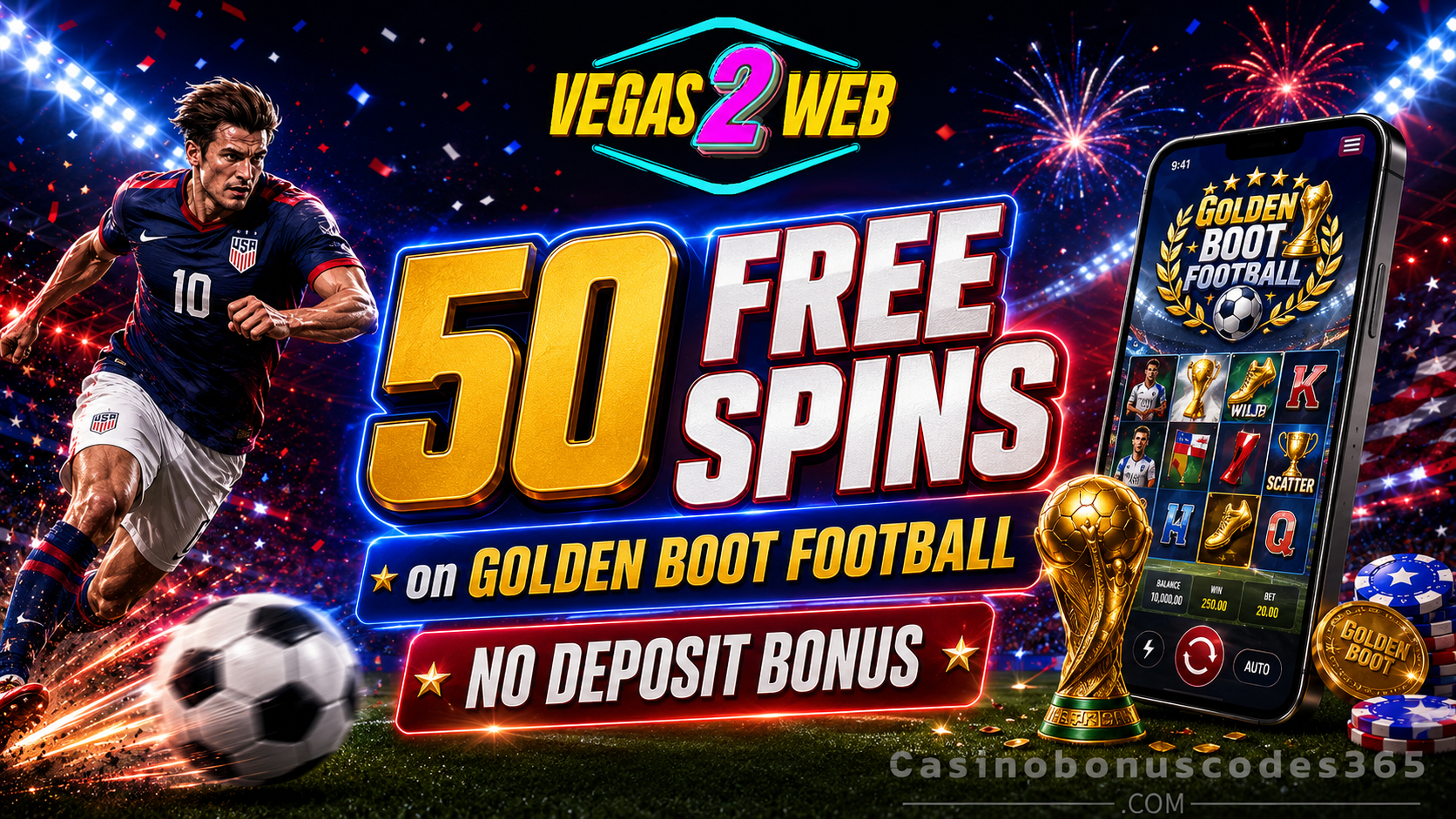 Vegas2Web Casino 50 FREE Spins on Golden Boot Football
