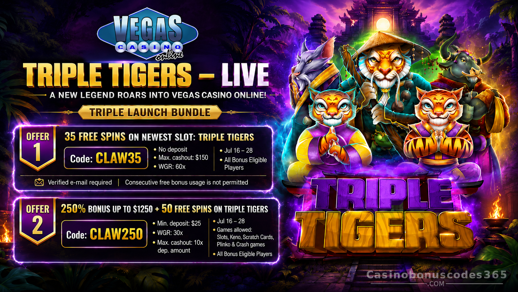 Vegas Casino Online Bonus Offer – 35 no-deposit FREE Spins on Triple Tigers