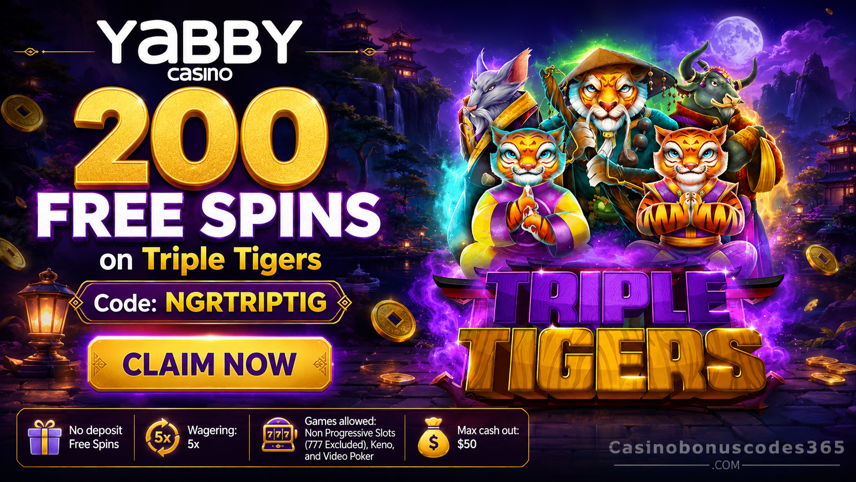 Yabby Casino 200 FREE Spins on Triple Tigers