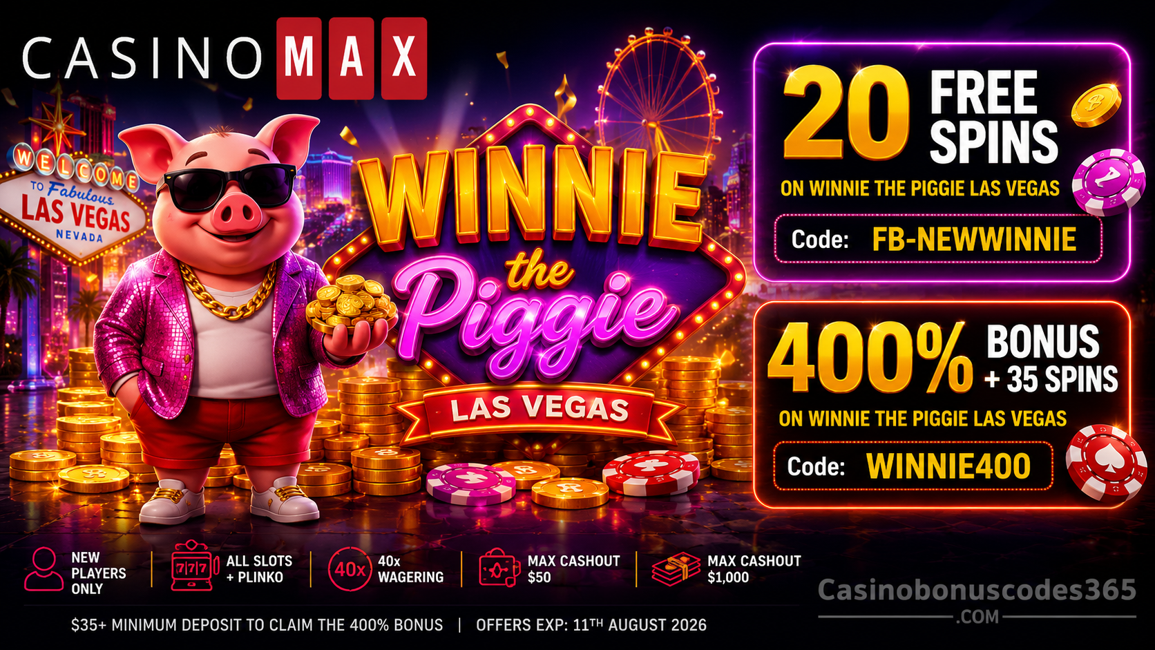 CasinoMax Winnie the Piggie Las Vegas 400% Bonus + 35 FREE Spins