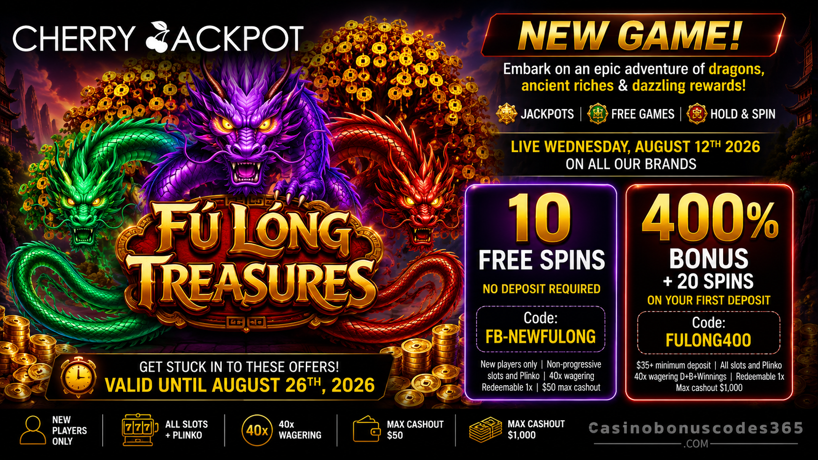 Cherry Jackpot Fú Lóng Treasures 10 FREE Spins + 400% Bonus