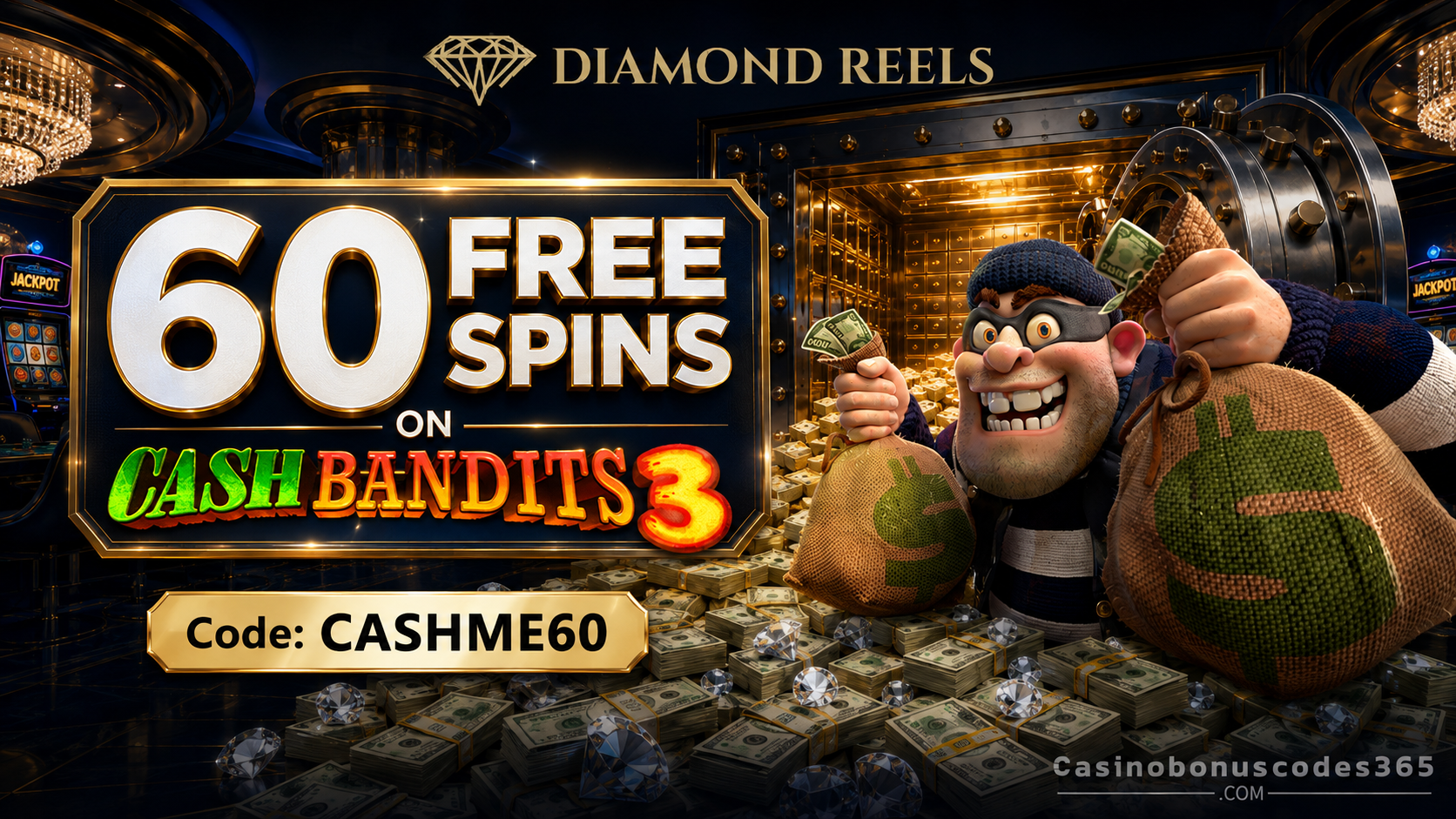 Diamond Reels Casino 60 FREE Spins on Cash Bandits 3