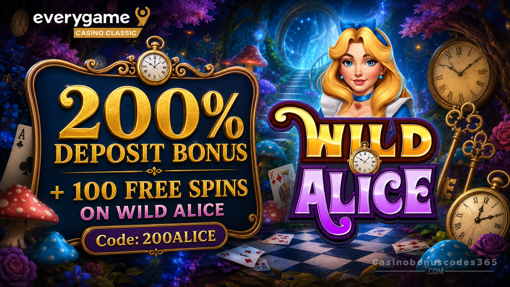 Everygame Casino Classic 200% Bonus and 100 FREE Spins on WILD Alice