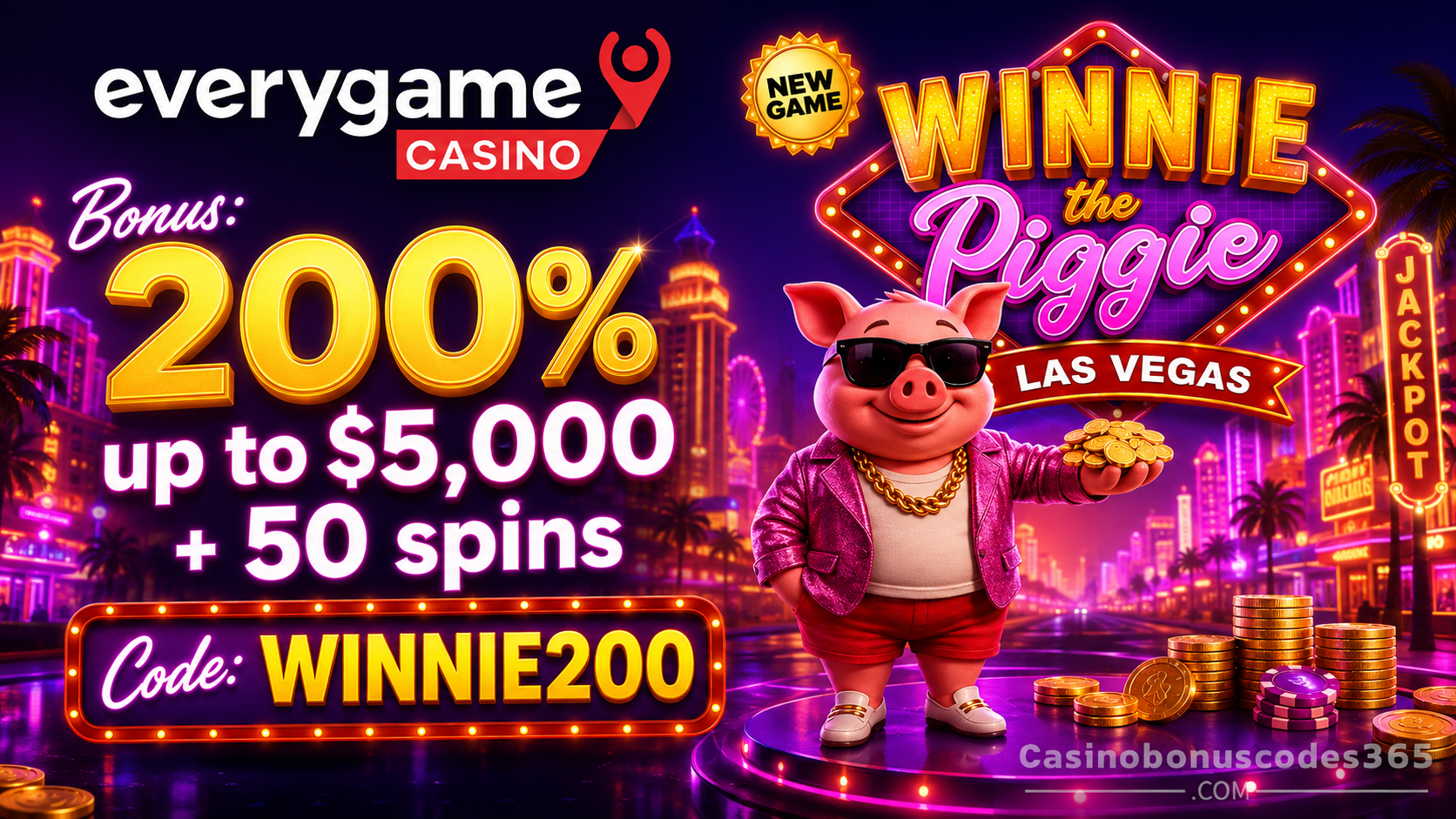 Everygame Casino Red 200% Bonus and 50 FREE Spins on Winnie the Piggie Las Vegas