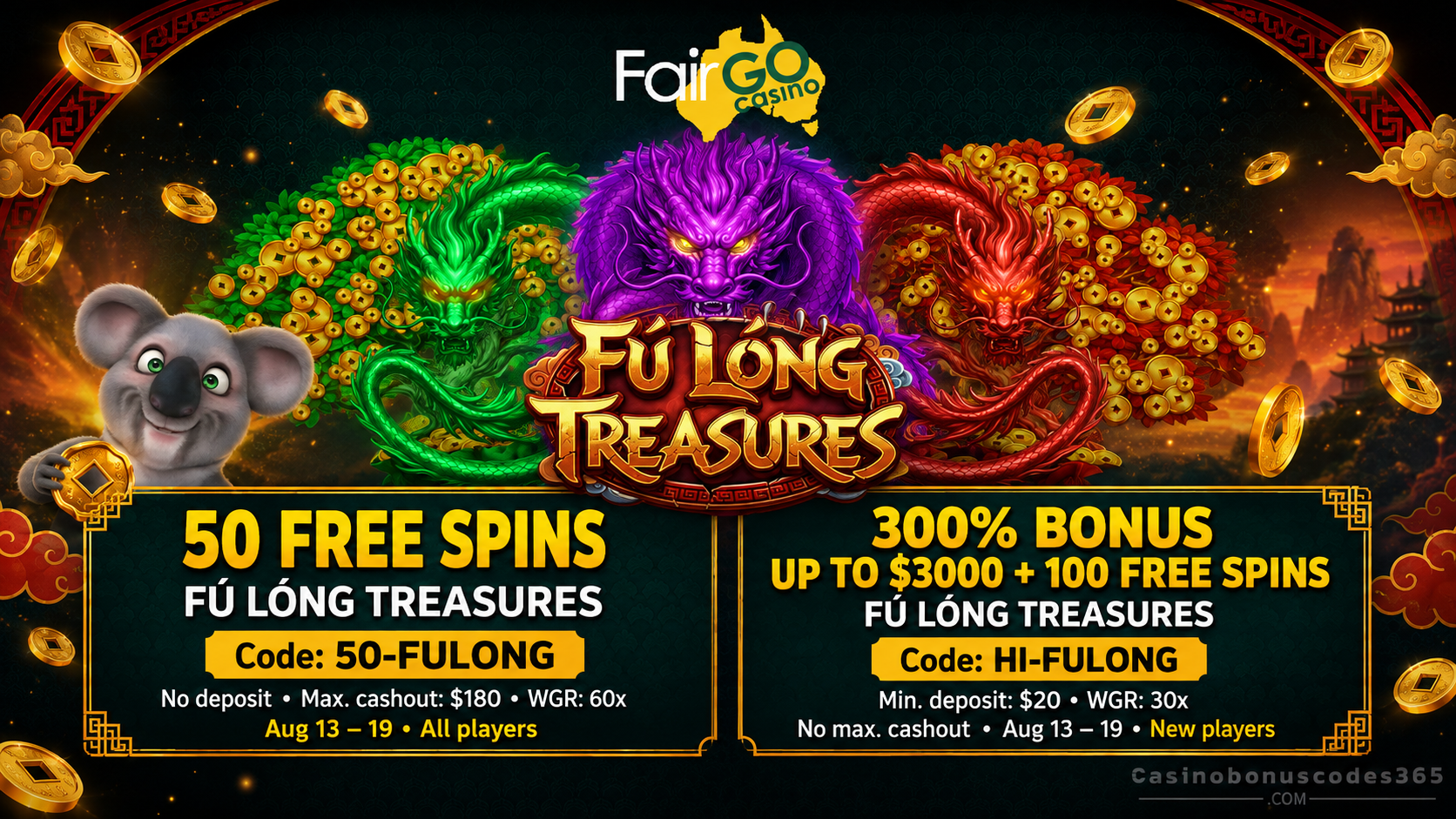 Fair Go Bonus Offer – 50 FREE Spins on Fu Long Treasures