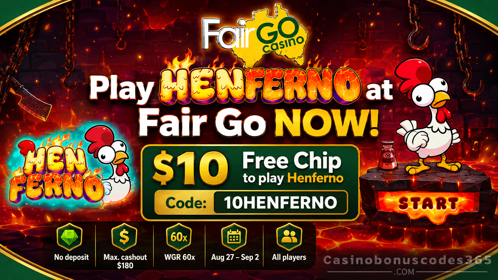 Fair Go Bonus Offer – $10 free chip to play Henferno
