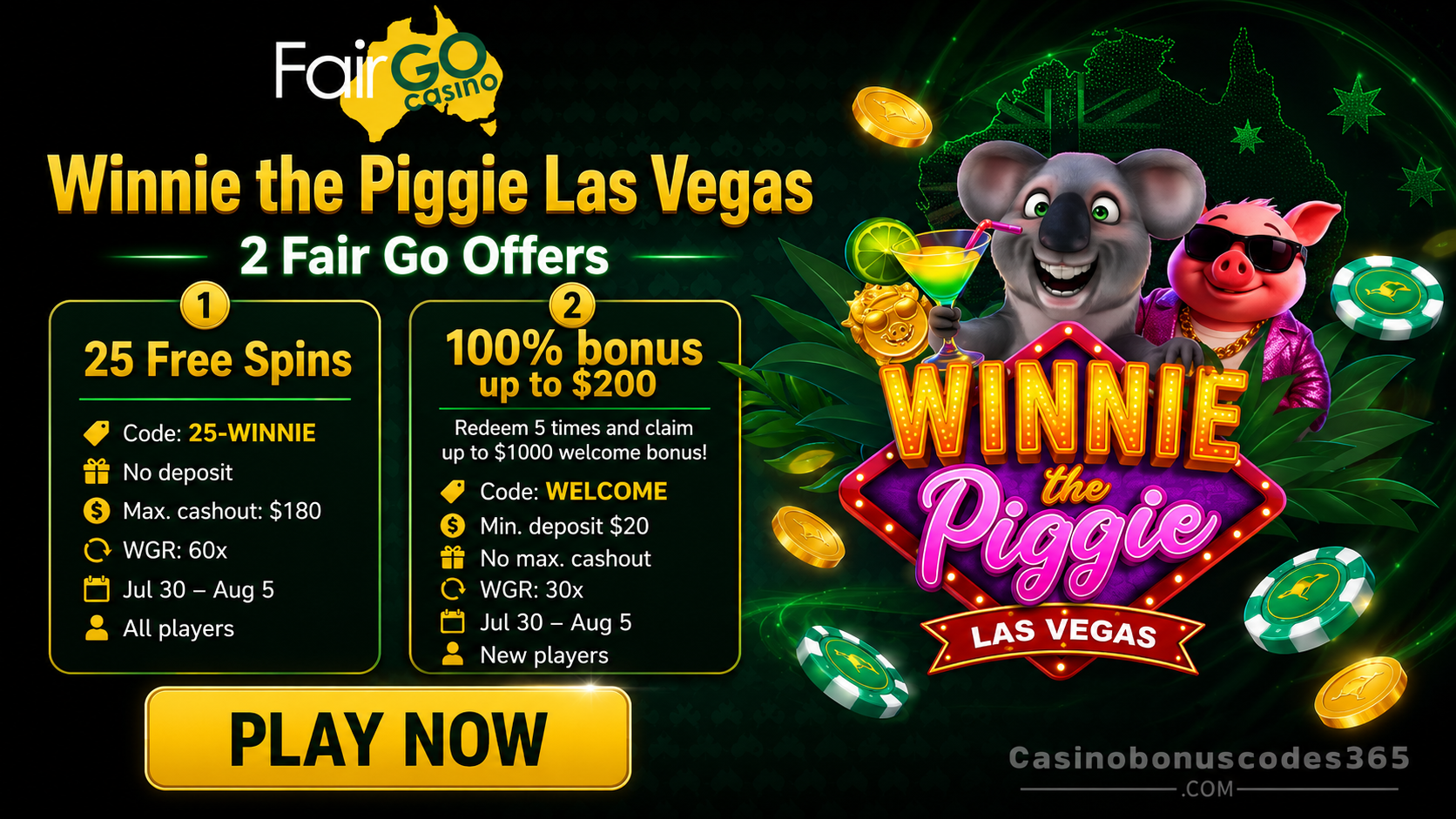 Fair Go Bonus Offer – 25 FREE Spins on Winnie the Piggie Las Vegas