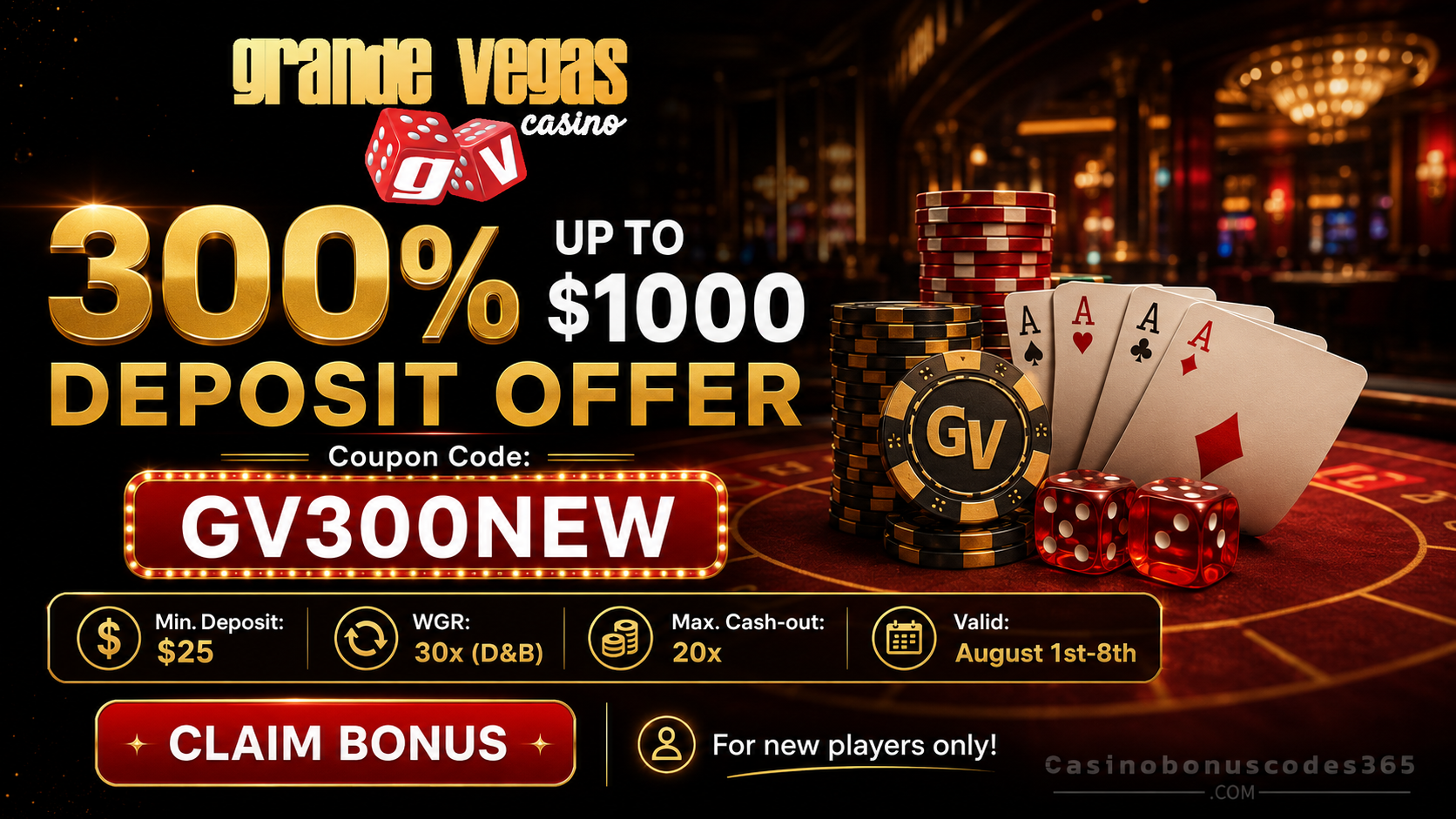 Grande Vegas Casino 300% up to $1,000 welcome bonus