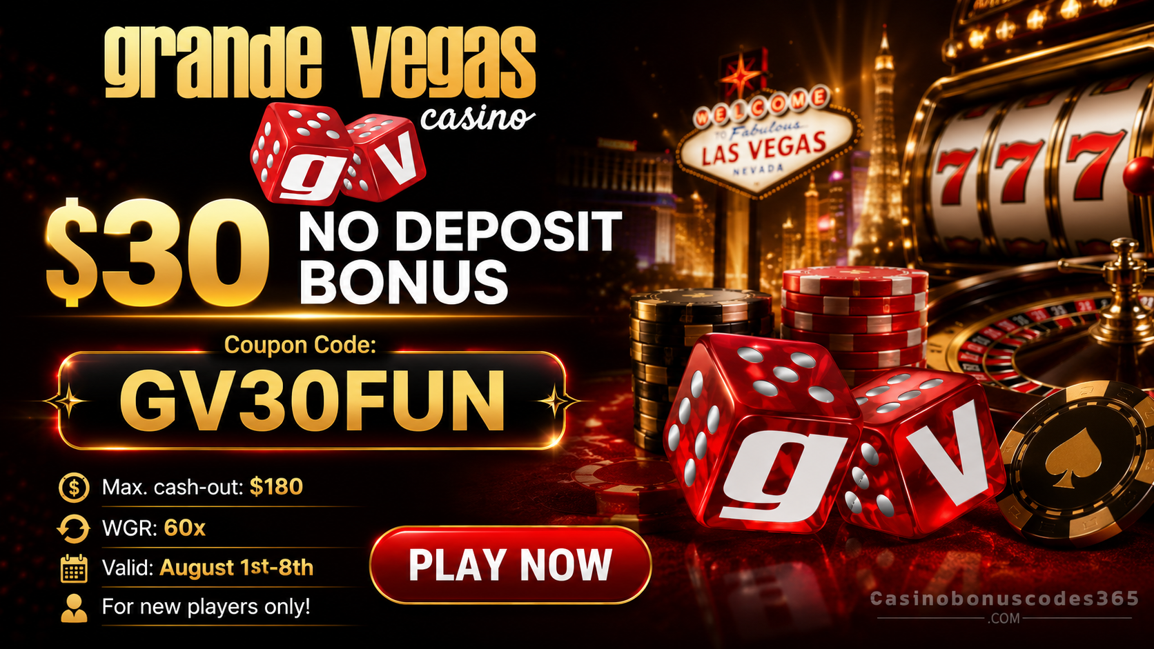 Grande Vegas Casino $30 No Deposit Bonus code GV30FUN