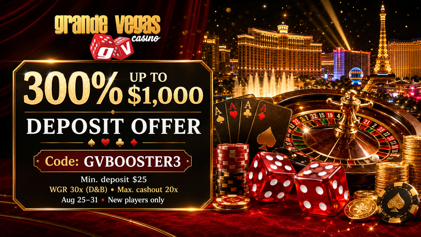 Grande Vegas Casino 300% up to $1,000 deposit bonus