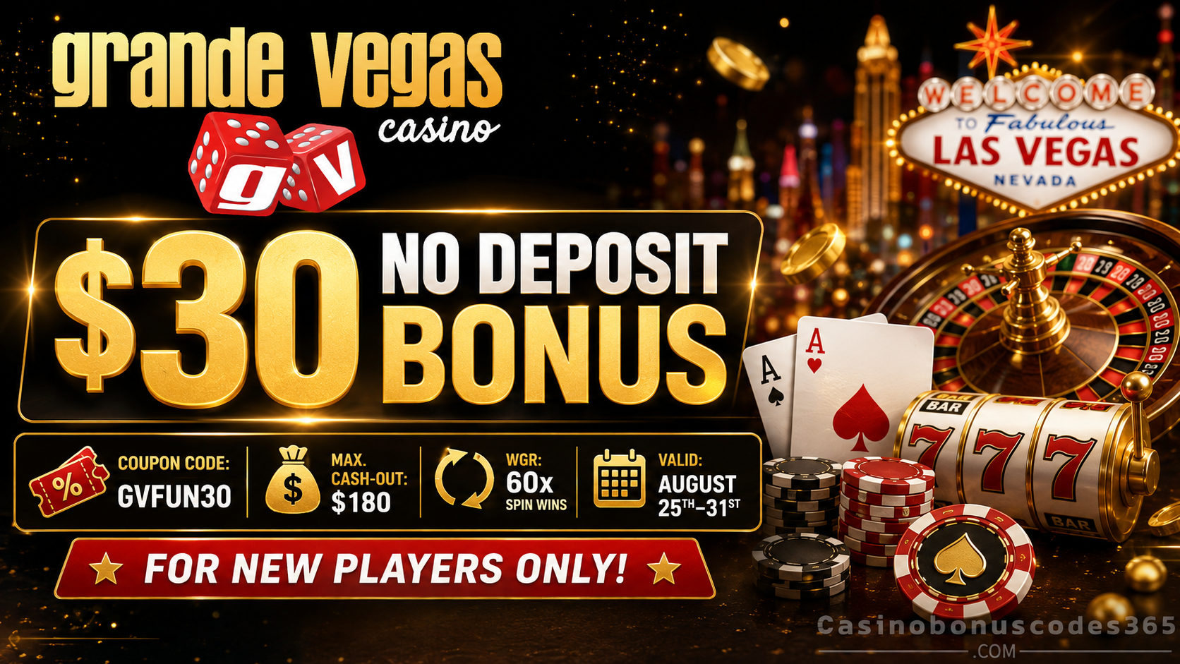 Grande Vegas Casino $30 No Deposit Bonus code GVFUN30