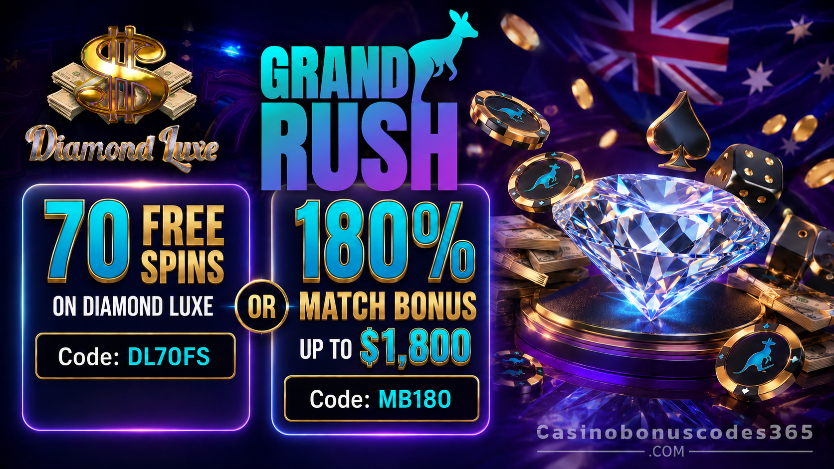 Grand Rush Casino 70 FREE Spins on Diamond Luxe or 180% Match Bonus up to $1800