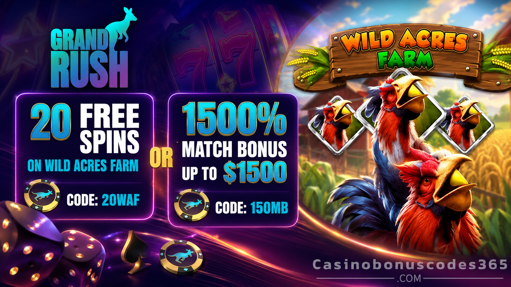 Grand Rush Casino 20 FREE Spins on Wild Acres Farm or 150% Match Bonus up to $1500