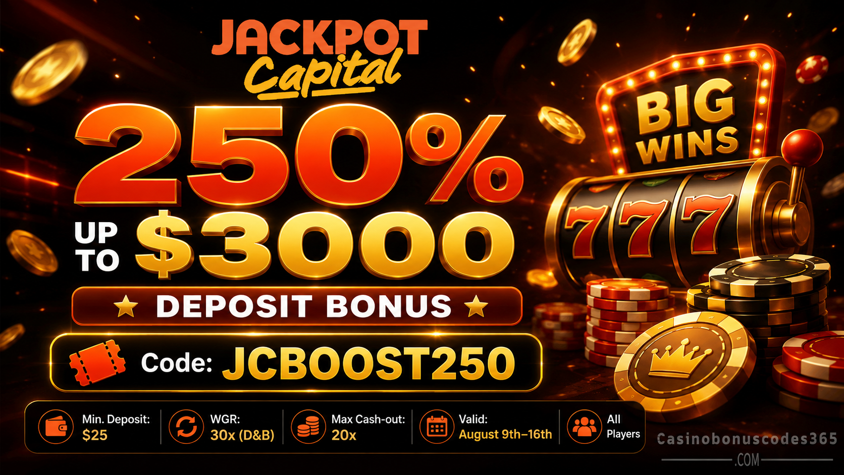 Jackpot Capital Casino 250% up to $3,000 deposit bonus