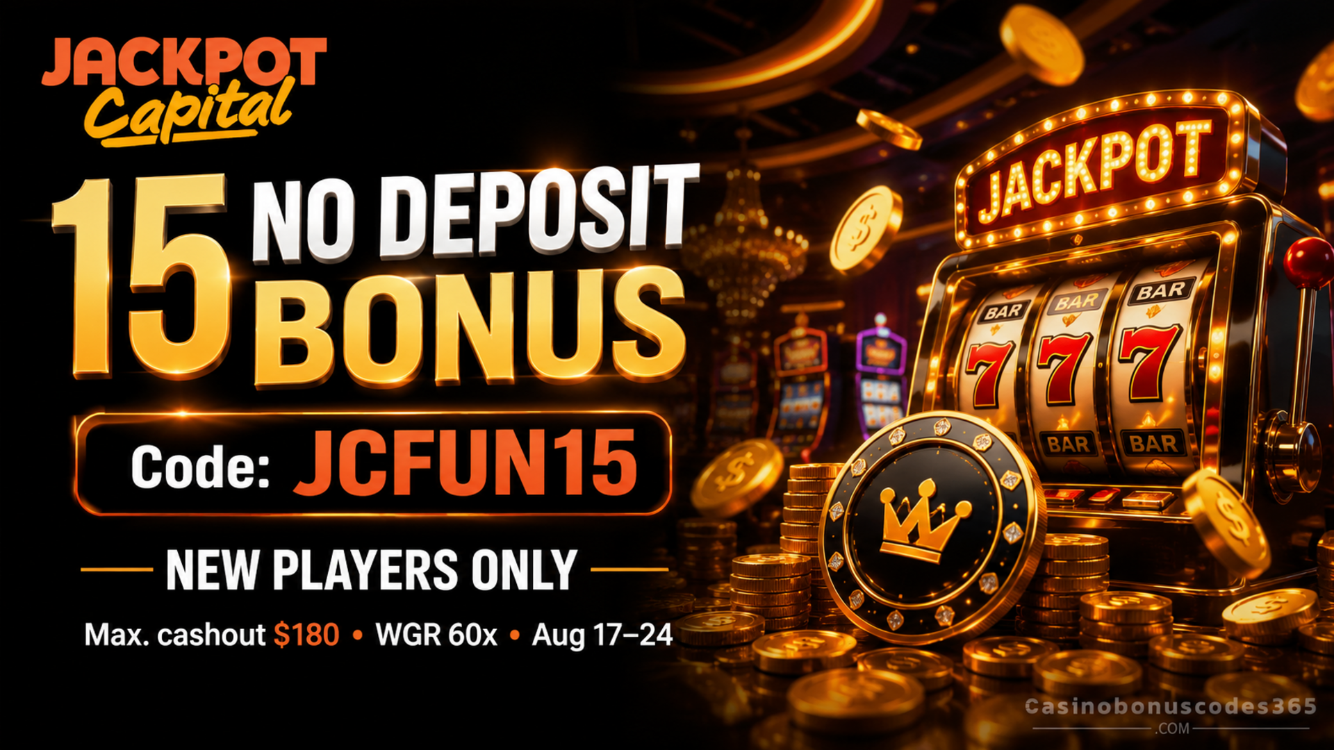 Jackpot Capital Casino 15 No Deposit Bonus code JCFUN15
