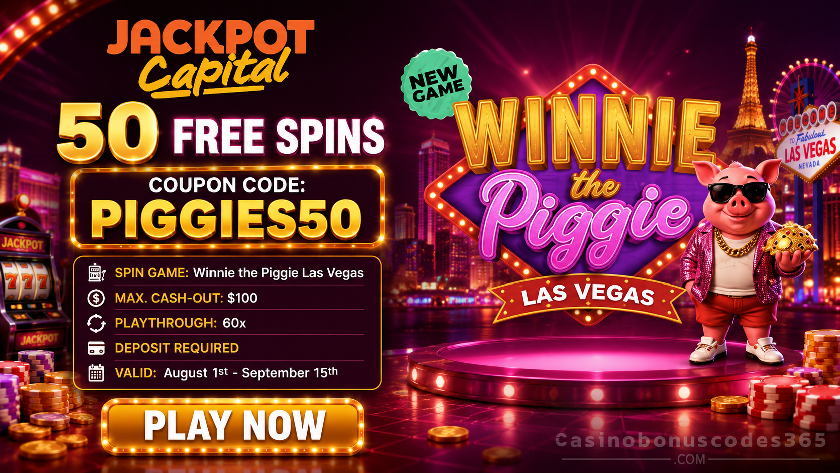 Jackpot Capital Casino 50 FREE Spins on Winnie the Piggie Las Vegas