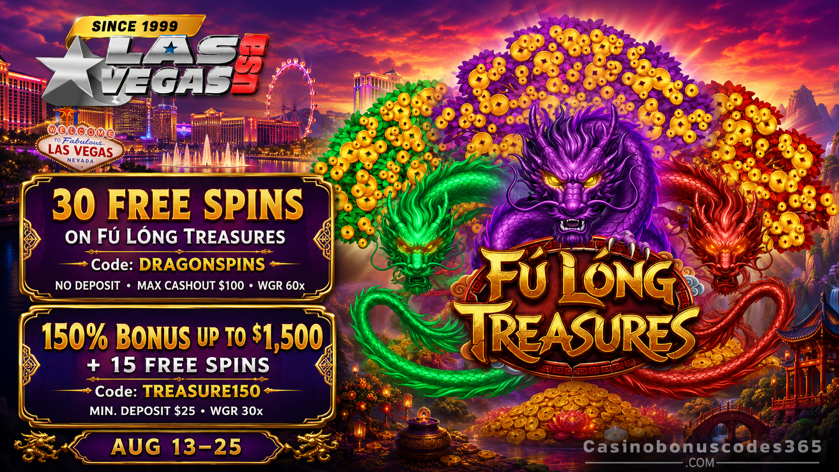 Las Vegas USA Bonus Offer – 30 no-deposit FREE Spins on Fu Long Treasures