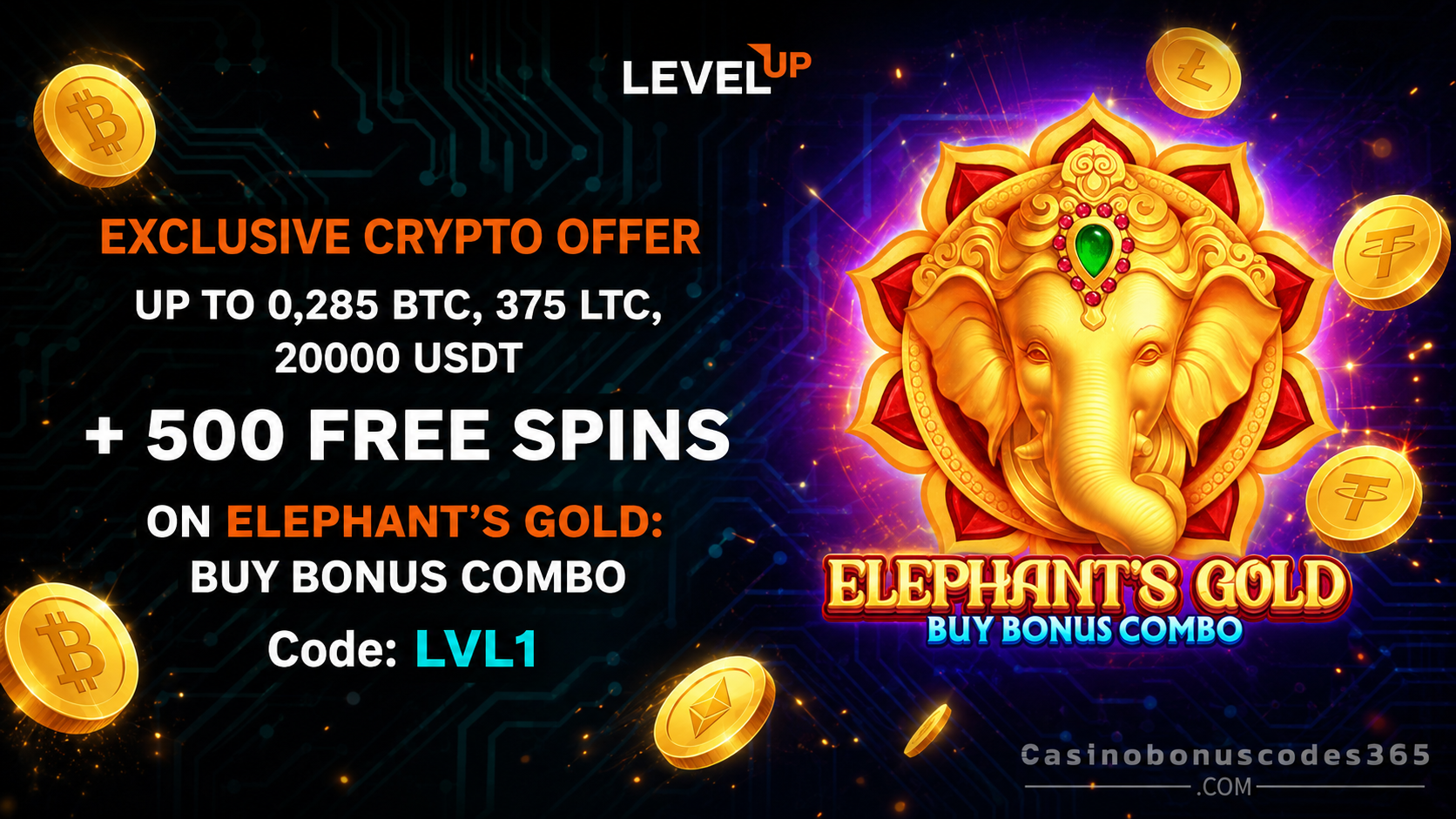 LevelUp Casino 100% crypto bonus and 100 FREE Spins on Elephant’s Gold Buy Bonus Combo