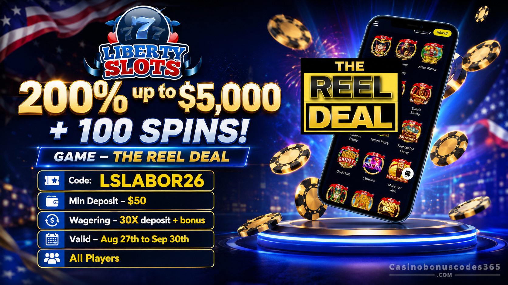 Liberty Slots Liberty Slots Labor Day 200% Bonus up to $5,000 + 100 FREE Spins