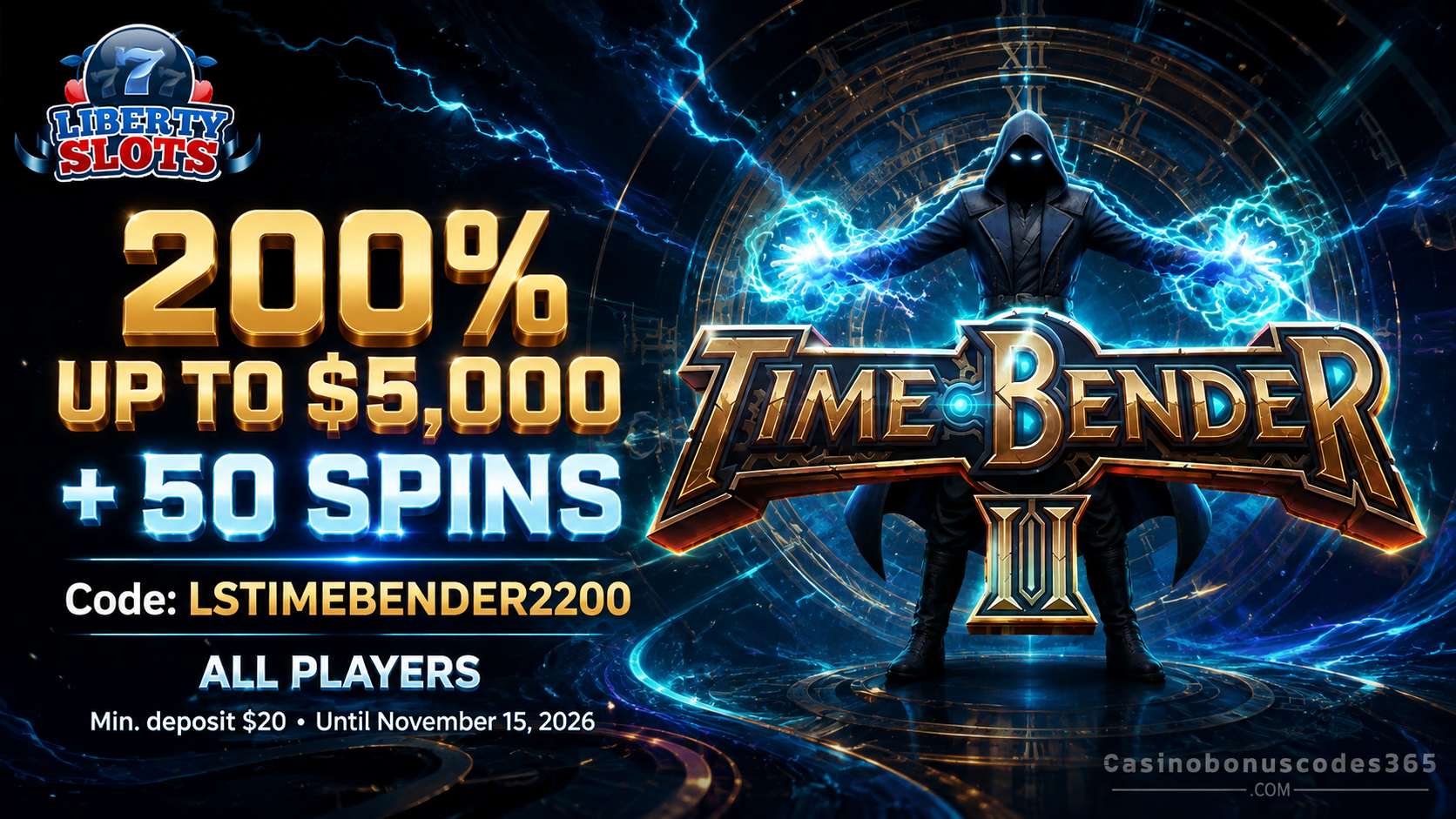 Liberty Slots Time Bender II 200% Bonus Up To $5000 And 50 FREE Spins