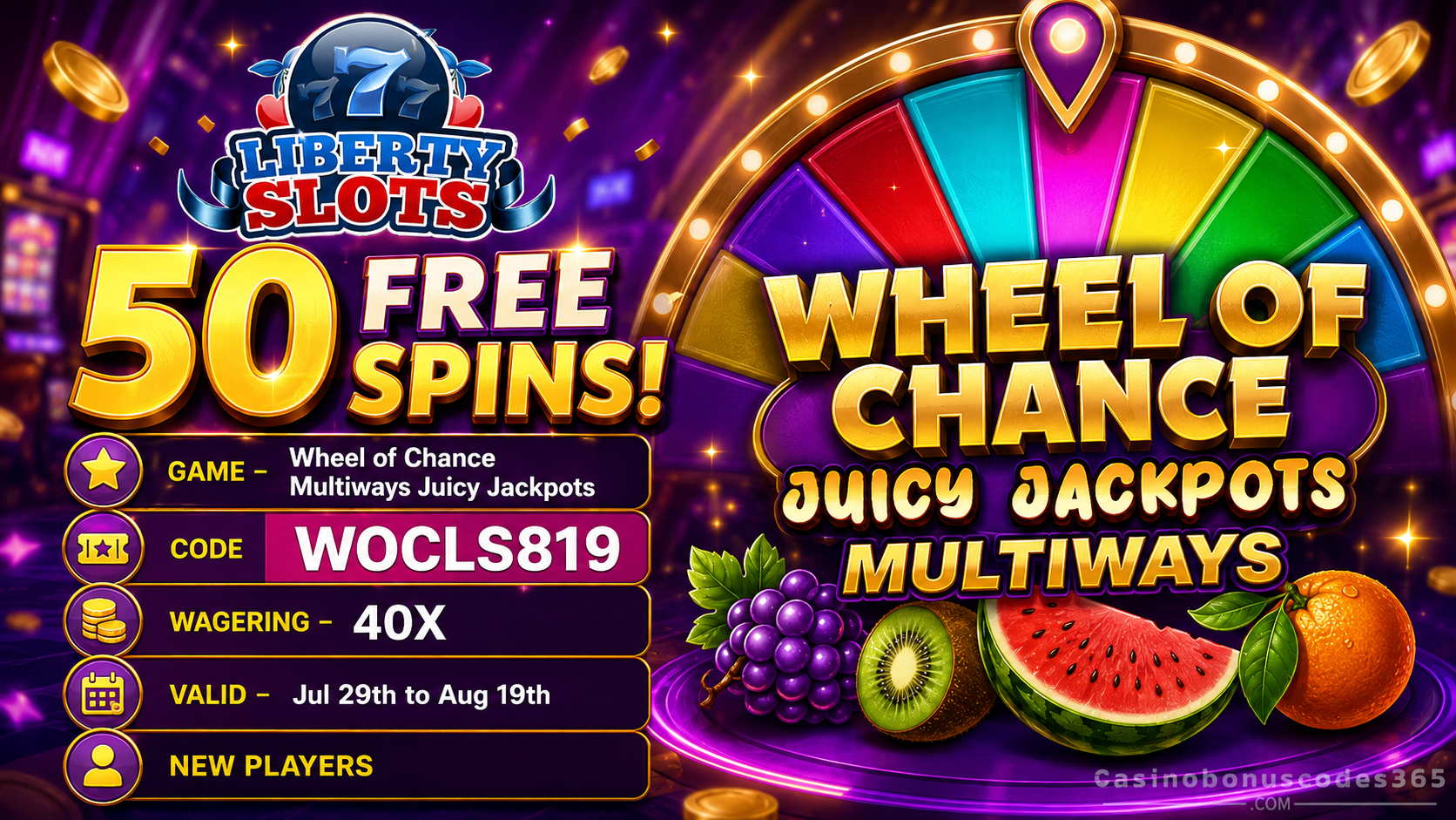 Liberty Slots 50 FREE Spins Wheel of Chance Multiways Juicy Jackpots