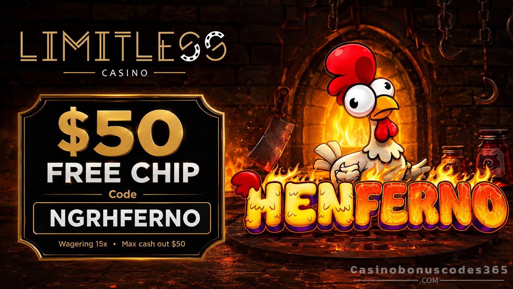 Limitless Casino $50 FREE CHIP on Henferno