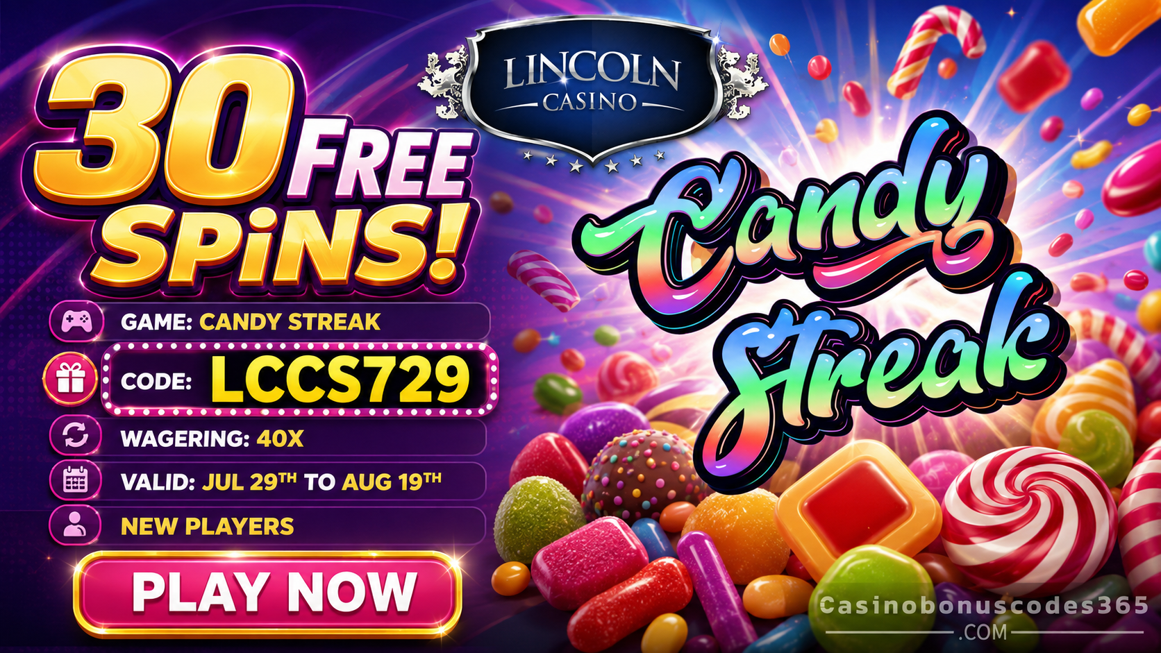 Lincoln Casino 30 FREE Spins Candy Streak