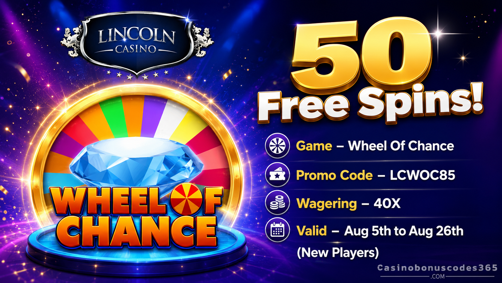 Lincoln Casino 50 FREE Spins Wheel Of Chance