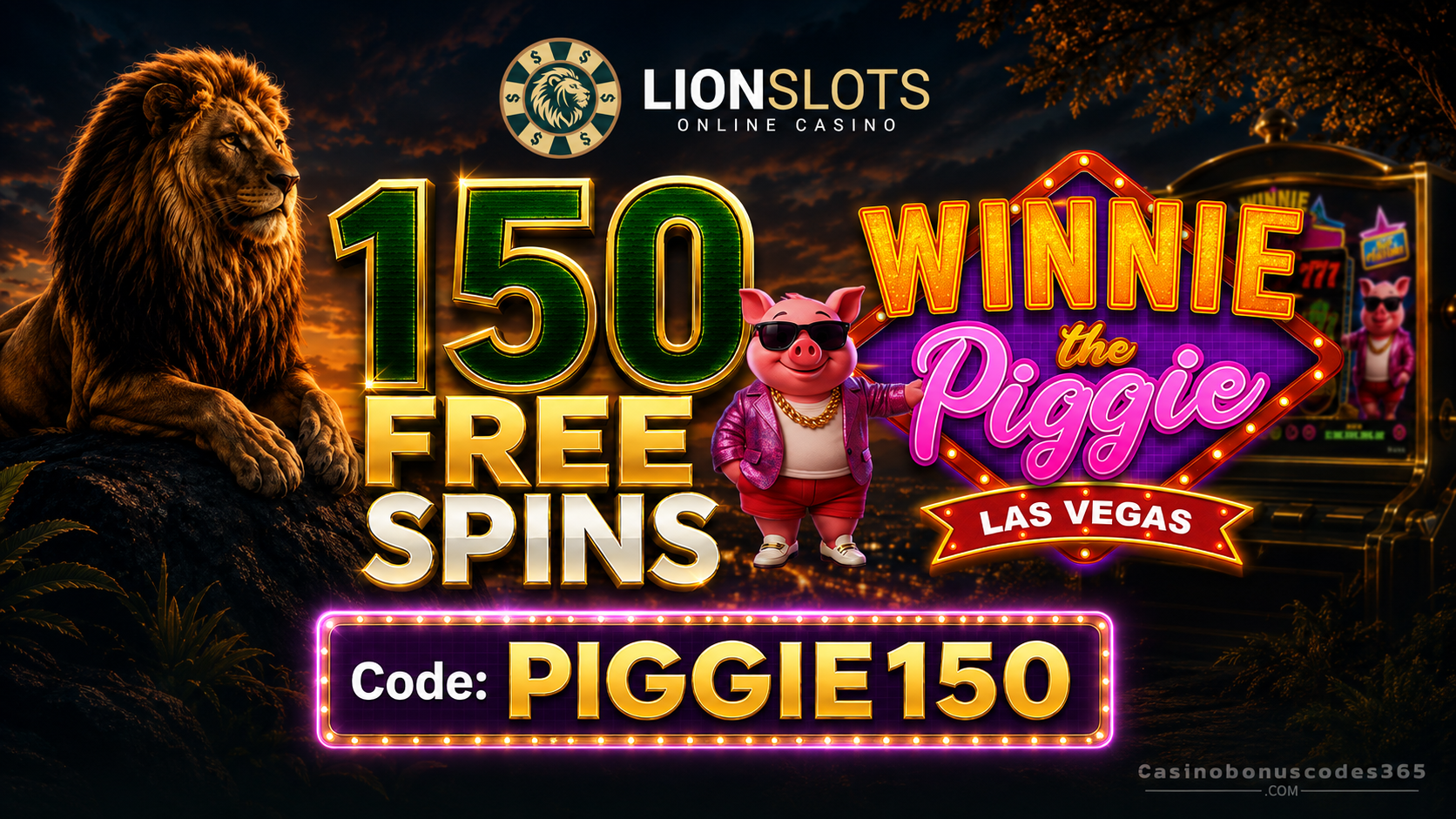 Lion Slots Casino 150 FREE Spins on Winnie the Piggie Las Vegas
