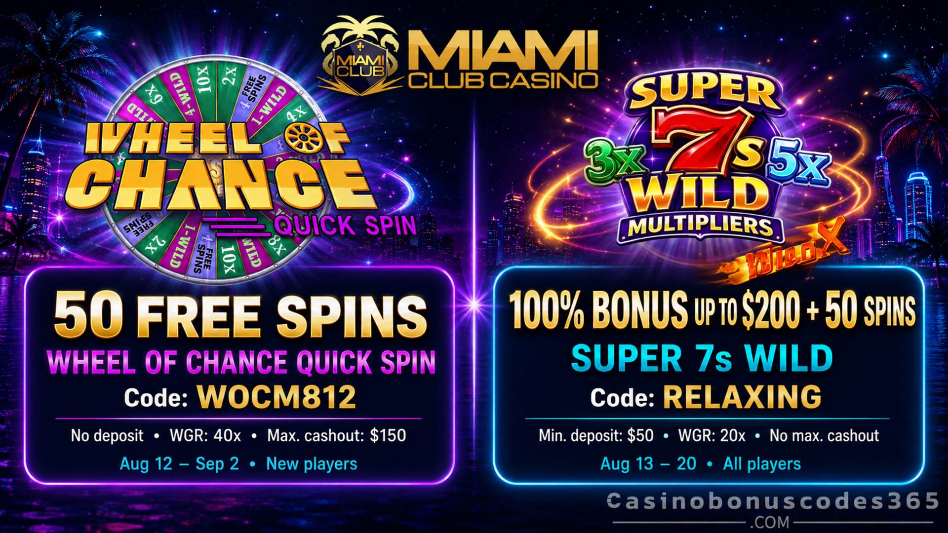 Miami Club Bonus Offer – 50 FREE Spins on Wheel of Chance Quick Spin