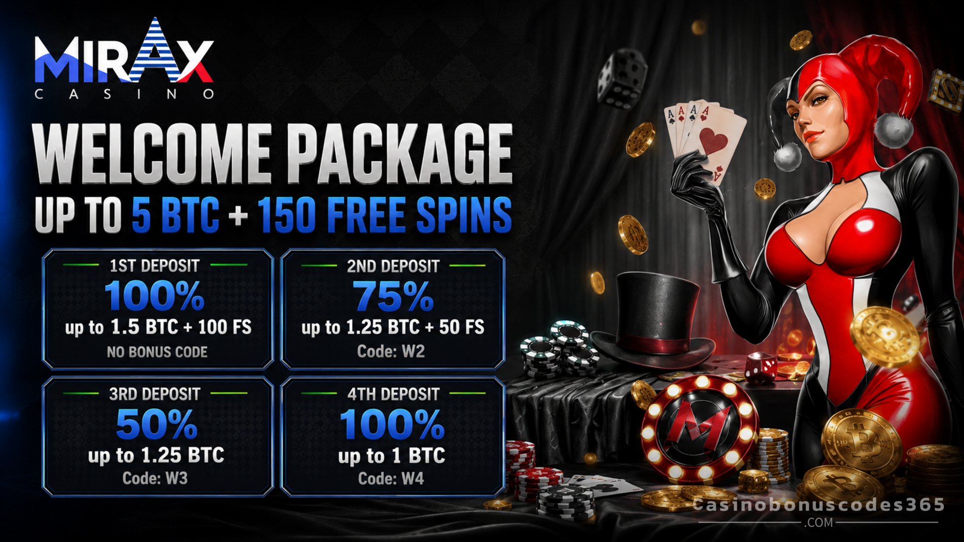 Mirax Casino welcome package up to 5 BTC and 150 FREE Spins