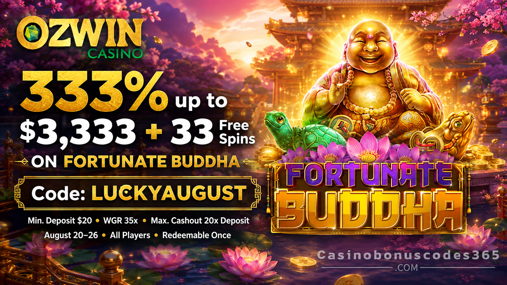 Ozwin Bonus Offer – 333% up to $3,333 + 33 FREE Spins