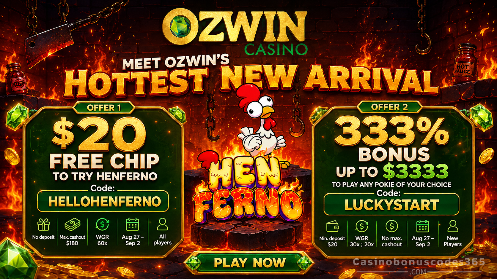 Ozwin Bonus Offer – $20 no-deposit free chip to try Henferno