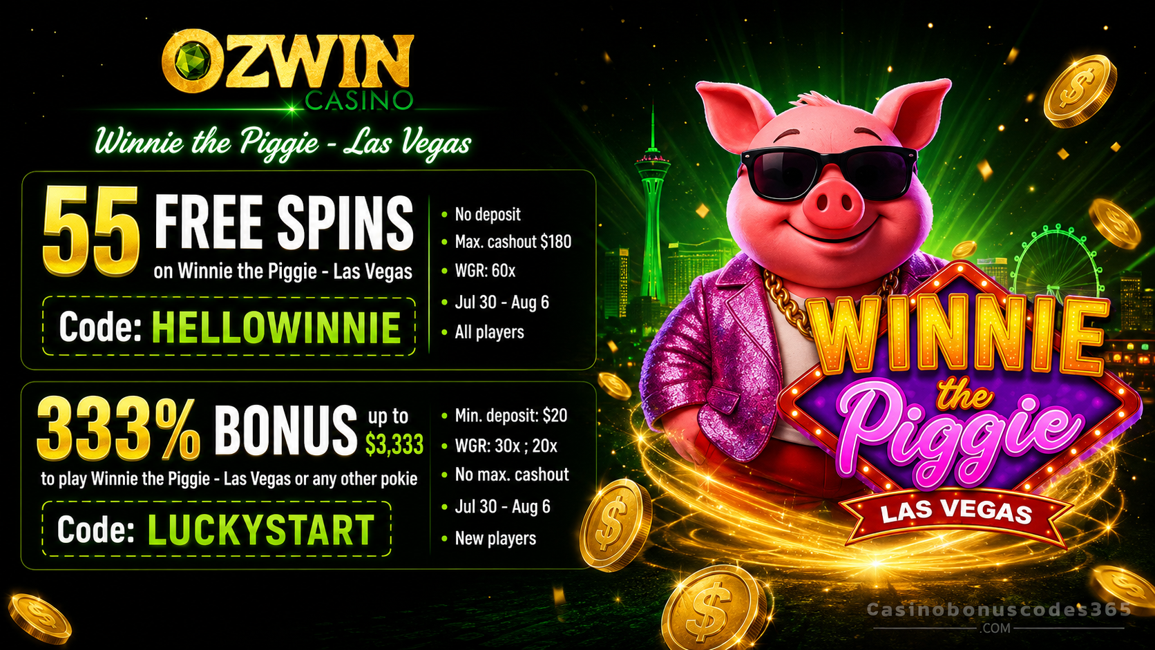 Ozwin Bonus Offer – 55 FREE Spins on Winnie the Piggie Las Vegas