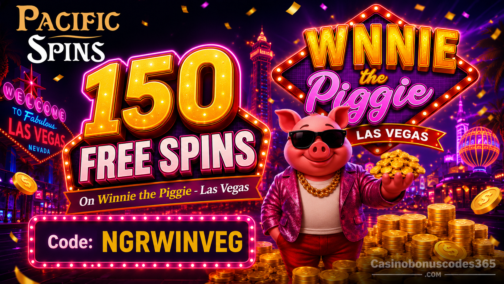 Pacific Spins 150 FREE Spins on Winnie the Piggie - Las Vegas