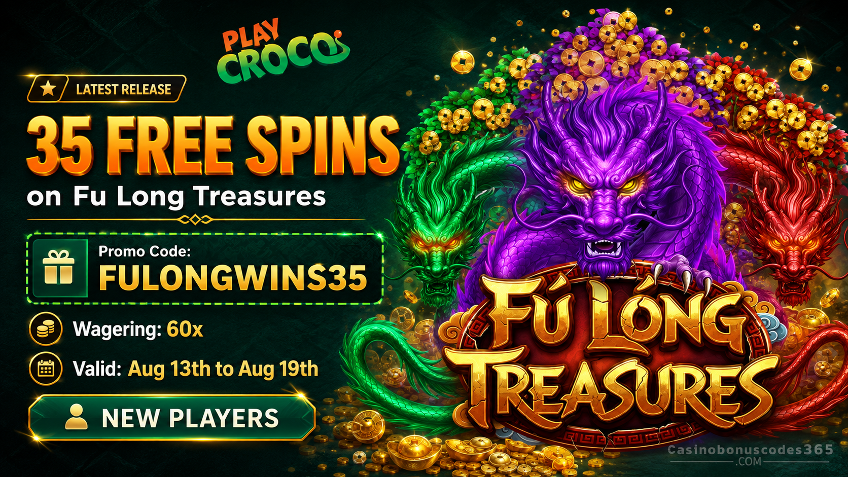 PlayCroco 35 FREE Spins on Fu Long Treasures