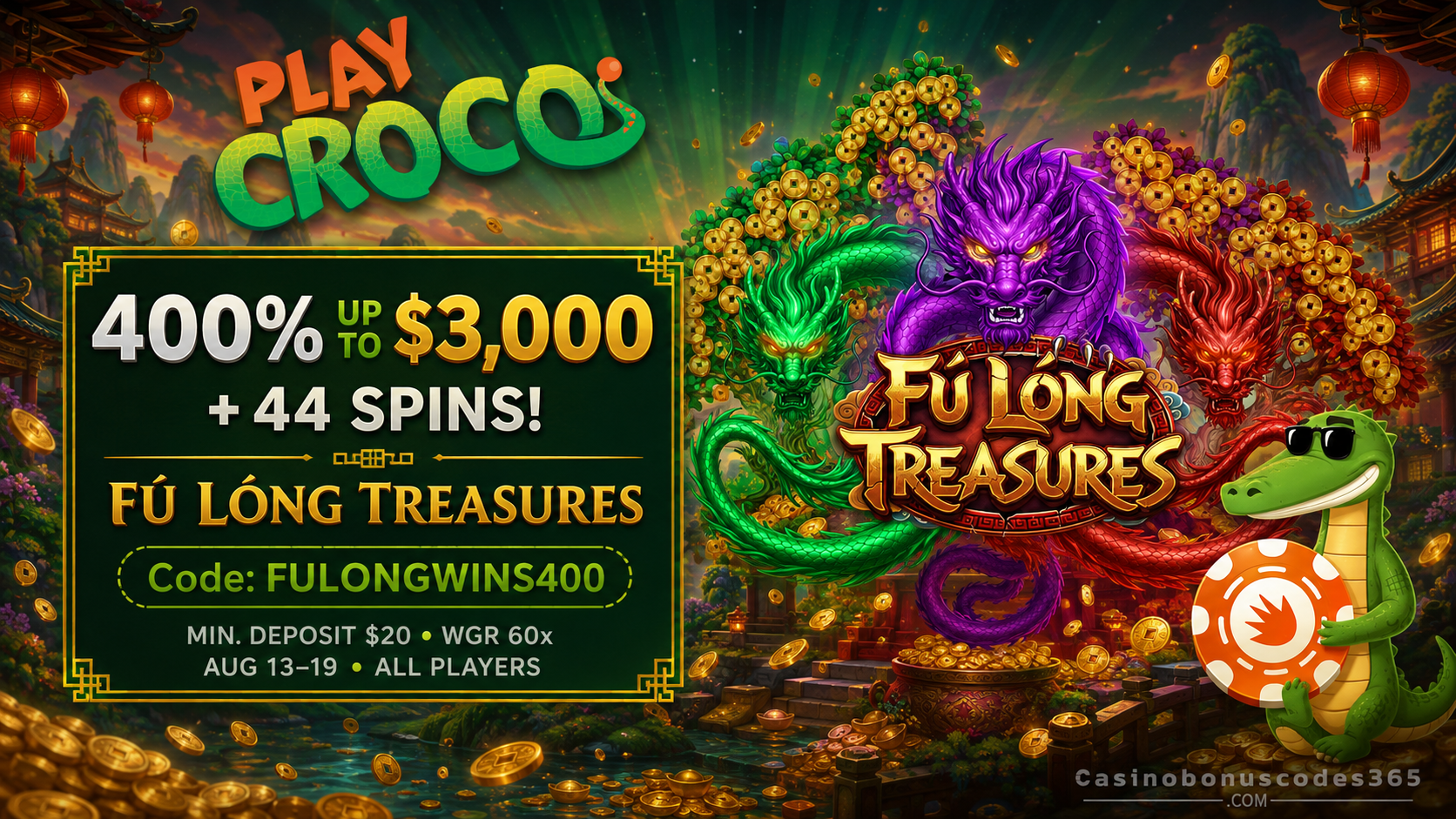 PlayCroco 400% bonus up to $3,000 + 44 FREE Spins