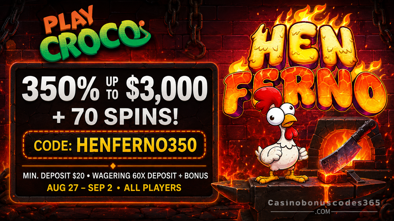 PlayCroco Play Henferno with a 350% Bonus up to $3,000 + 70 FREE Spins at PlayCroco