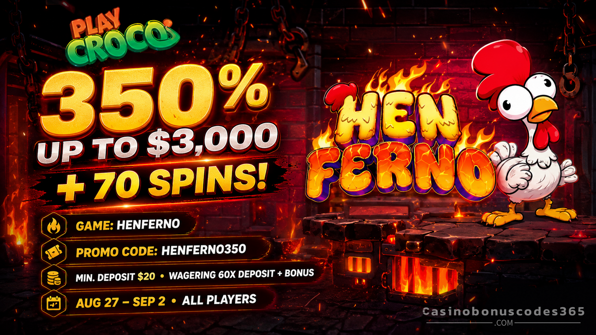 PlayCroco Claim 55 FREE Spins on Henferno at PlayCroco