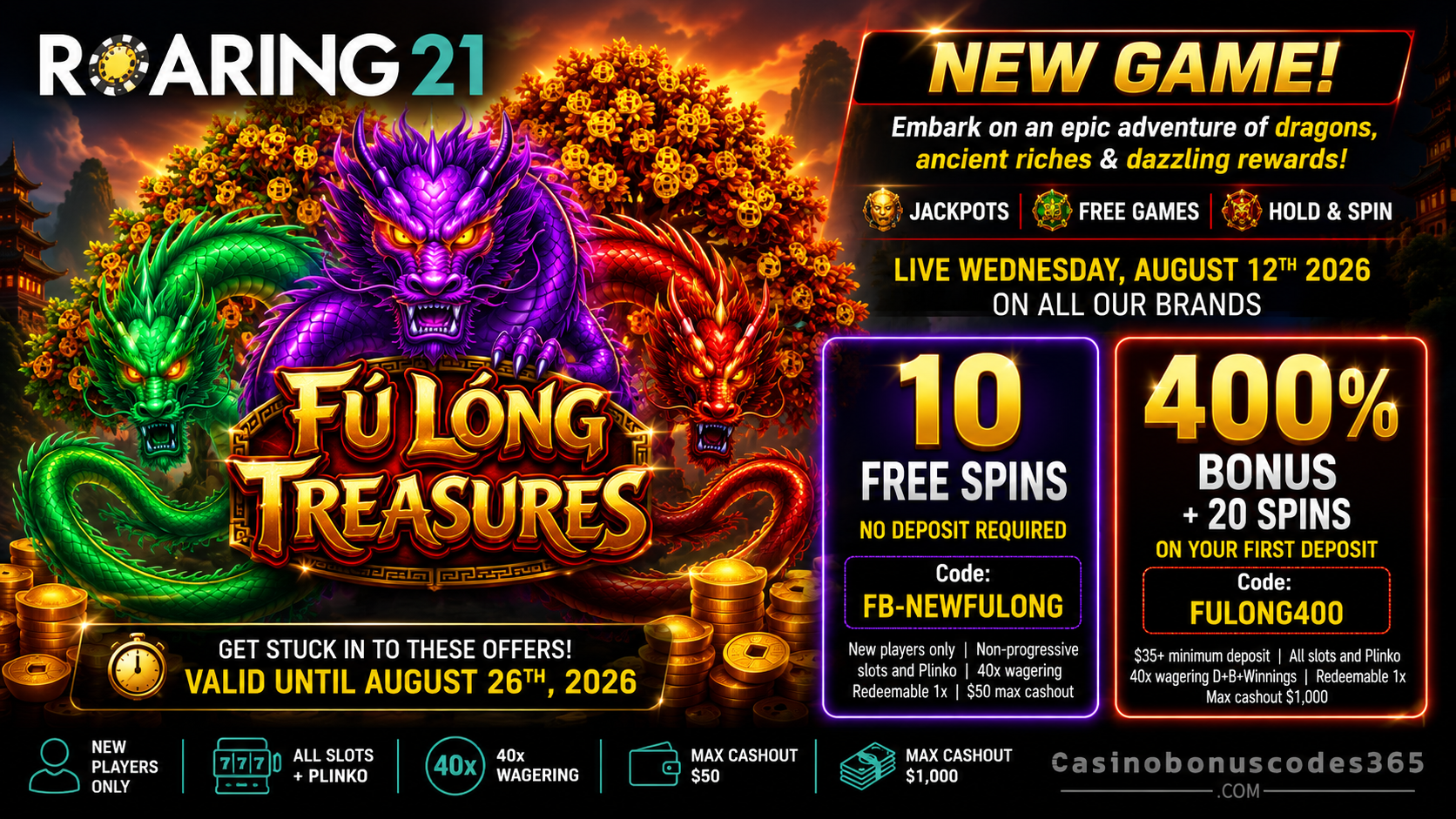 Roaring21 Fú Lóng Treasures 10 FREE Spins + 400% Bonus